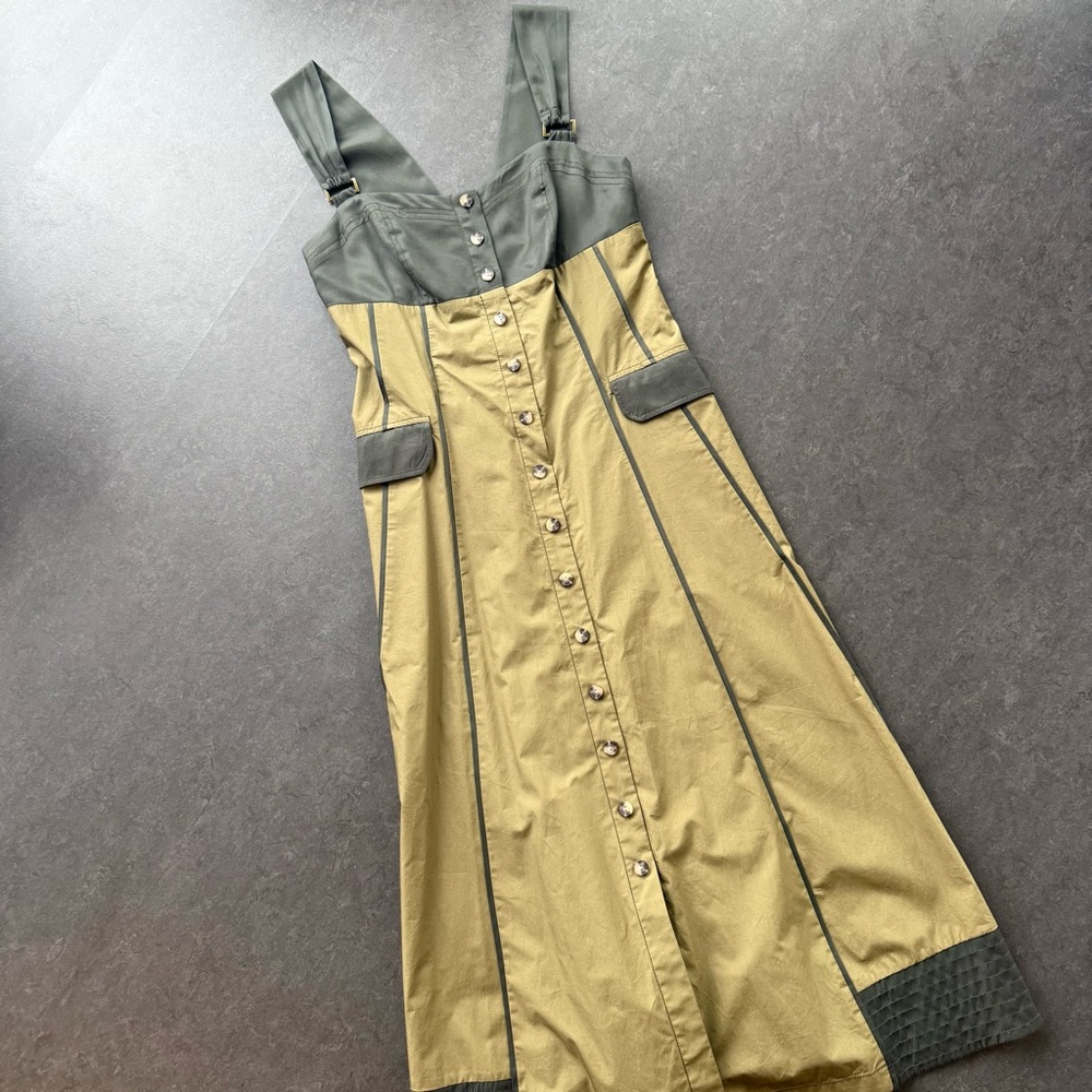 by Anthropologie grey/olive midi utility sundress. Size 6